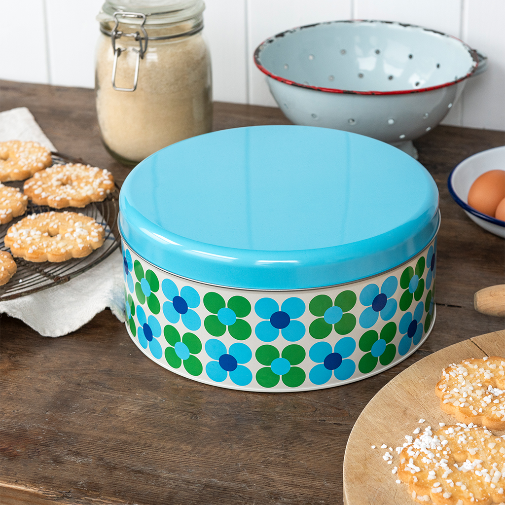 cake storage tin - blue and green daisy