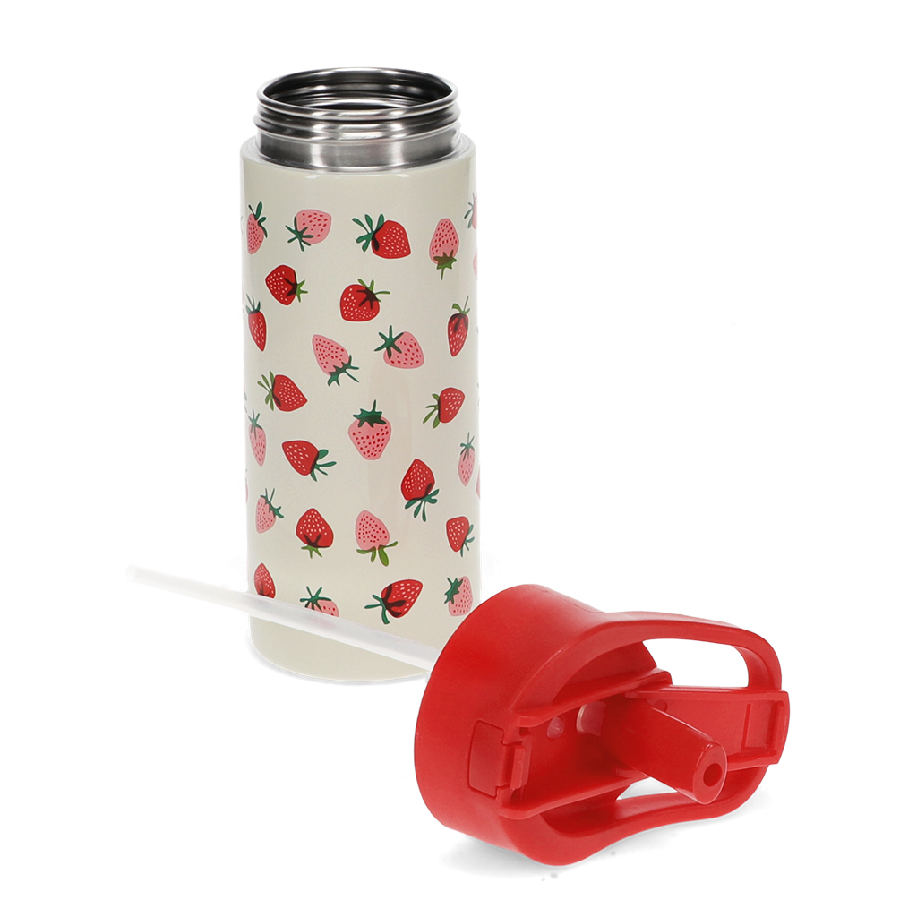 stainless steel bottle with push button lid 500ml - little strawberry