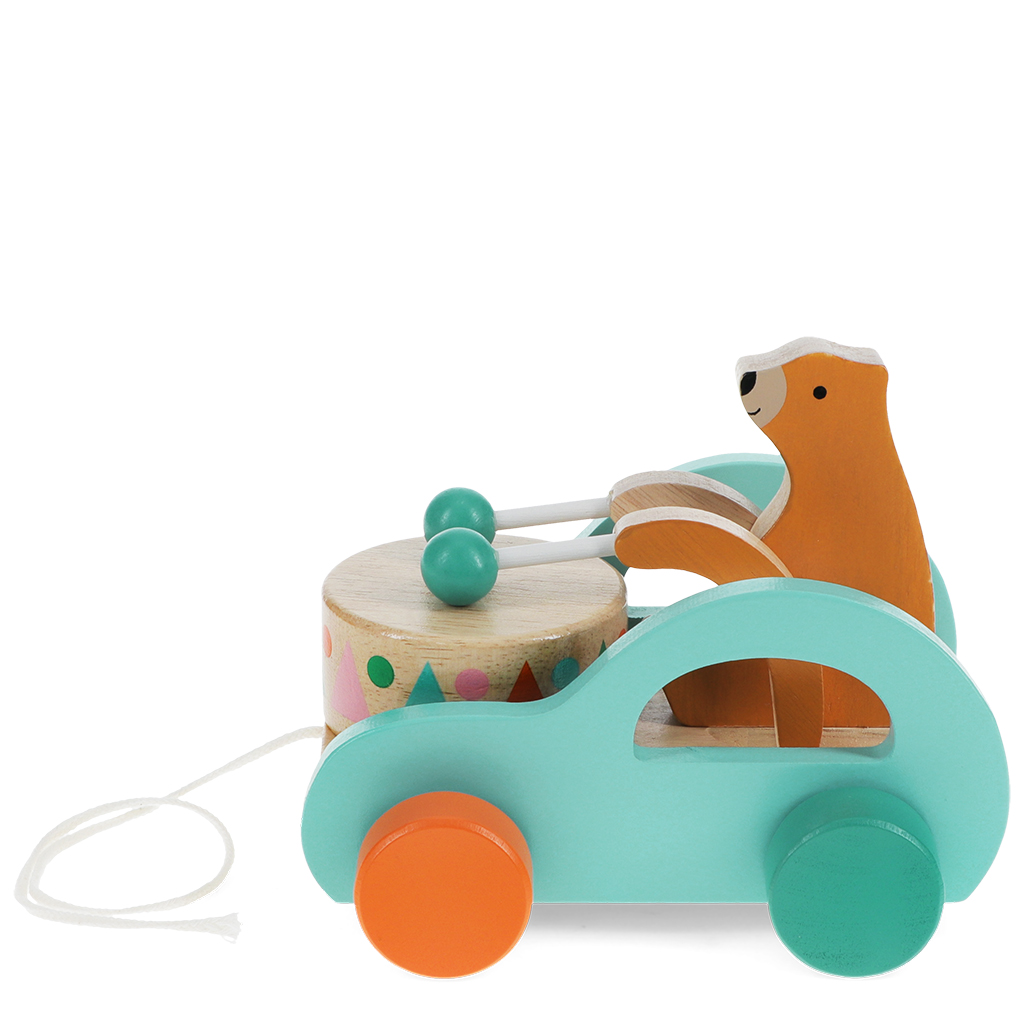 jouet à tirer en bois - ours tambourineur