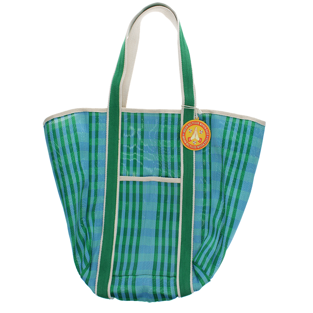 recycled woven tote bag with canvas handles - blue and green