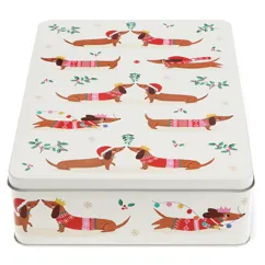 mince pie storage tin - festive sausage dog mince pie storage tin - festive sausage dog