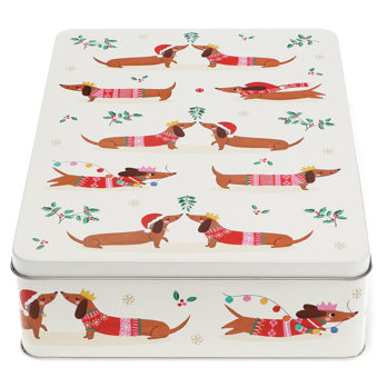 mince pie storage tin - festive sausage dog