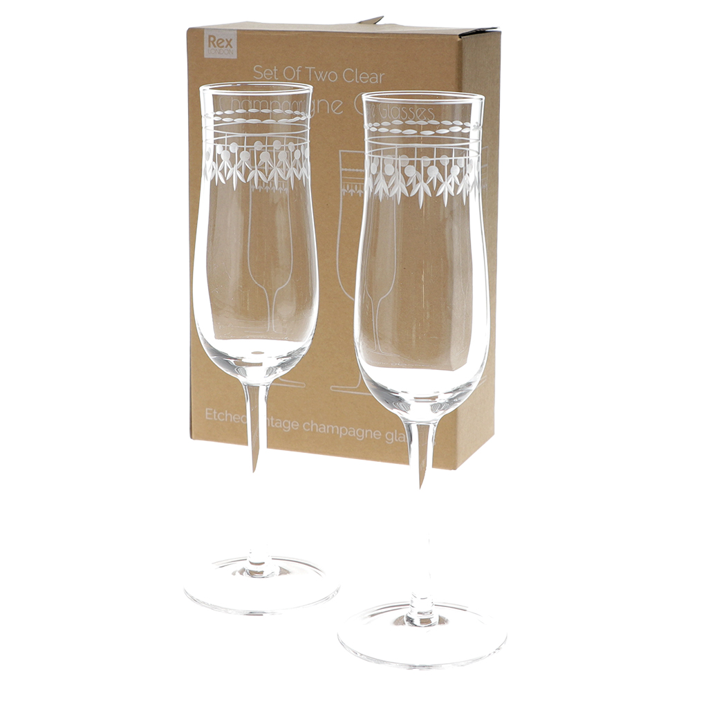 vintage etched champagne glasses 200ml (set of 2) - clear