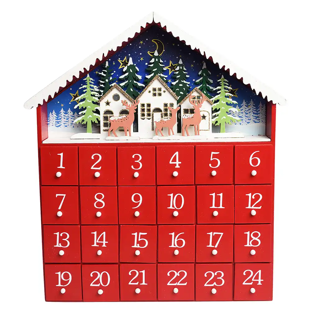 calendario de adviento de madera con iluminación led - casa roja