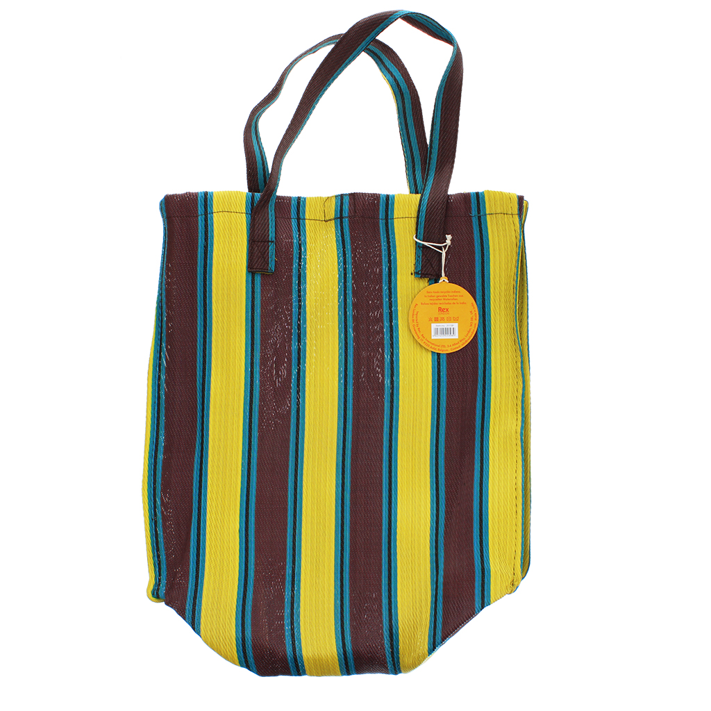 recycled woven shopping bag - brown, yellow, teal