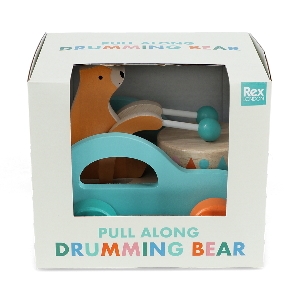wooden pull along toy - drumming bear