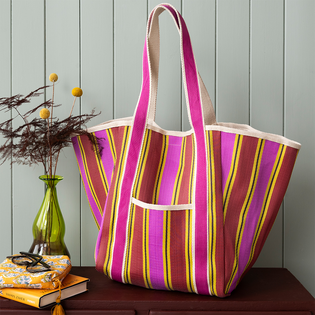 recycled woven tote bag with canvas handles - yellow, pink, red
