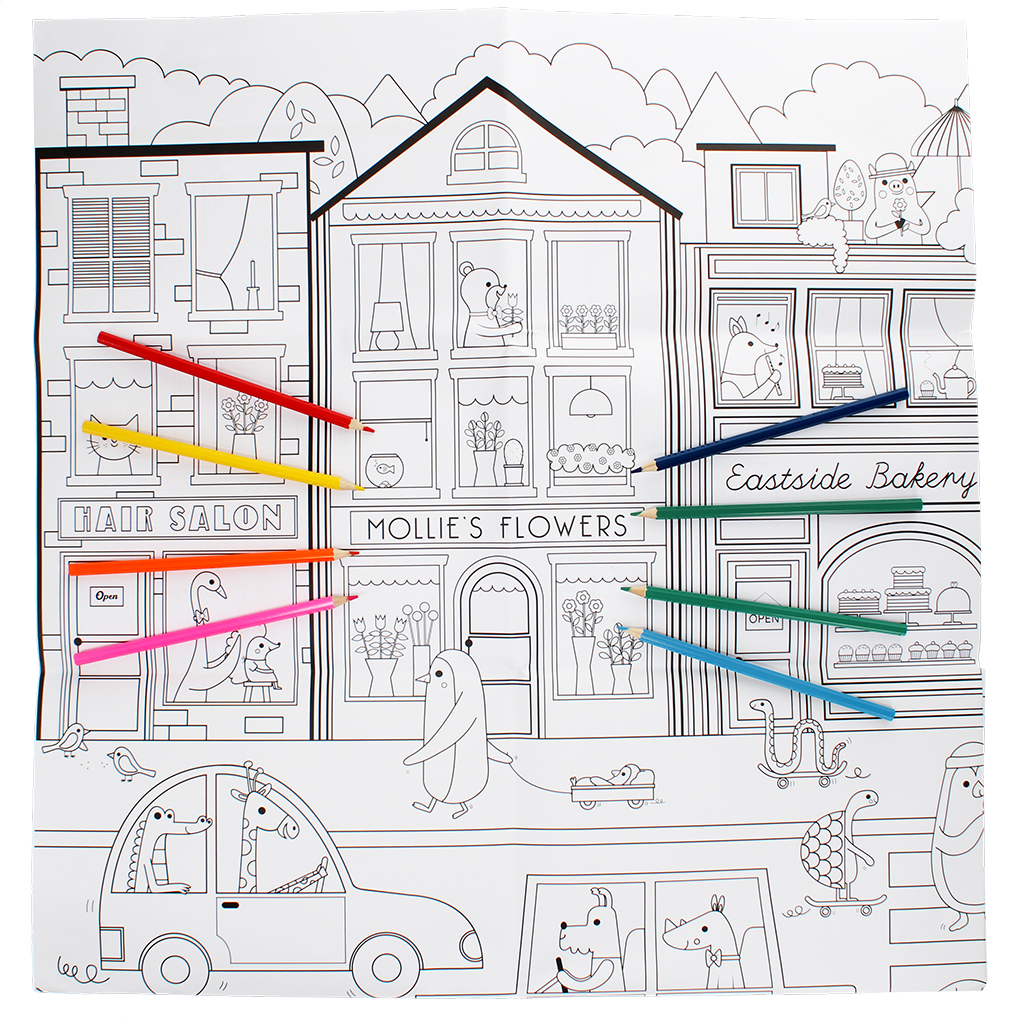 large colouring poster with pencils - on our street