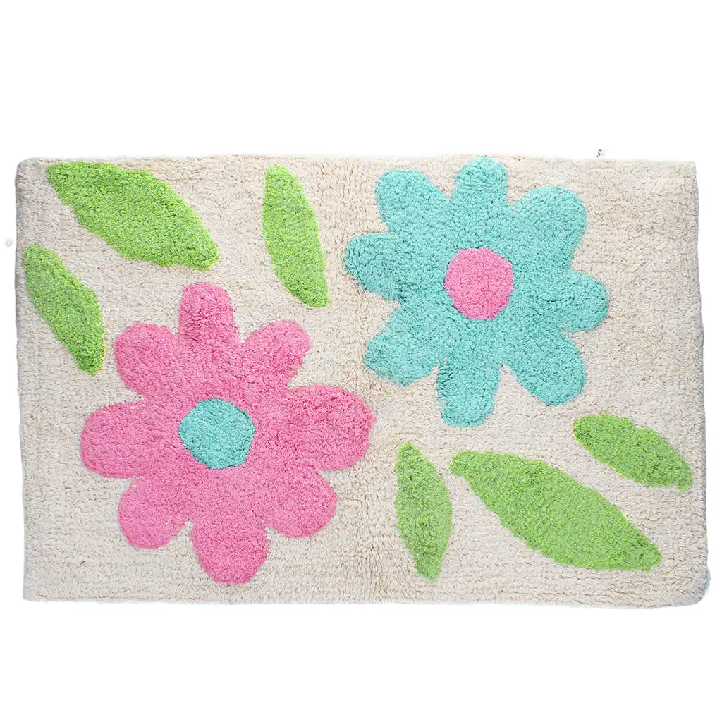 alfombrilla de nudo de baño en algodón - flores verdes y rosas