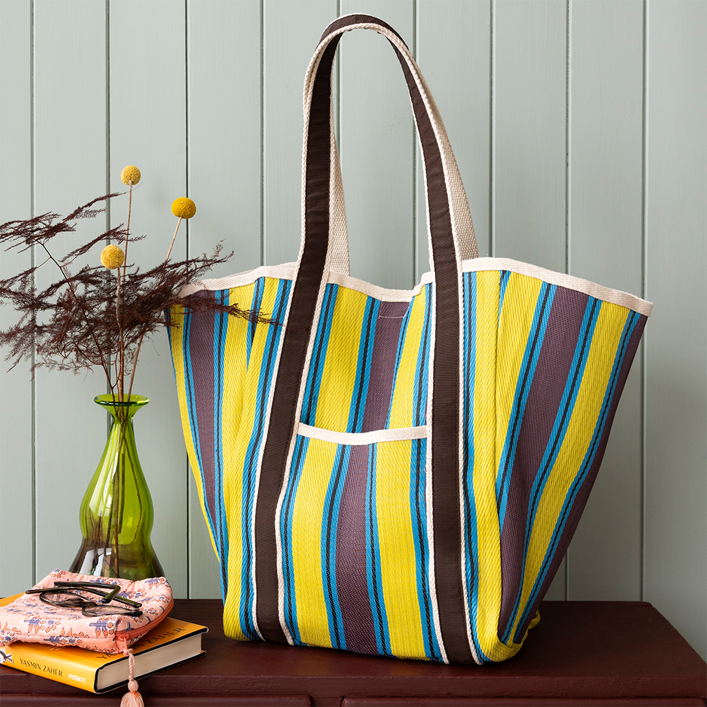 recycled woven tote bag with canvas handles - brown, yellow, teal