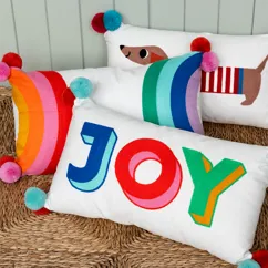 embroidered cushion with pom poms - rainbow embroidered cushion with pom poms - rainbow