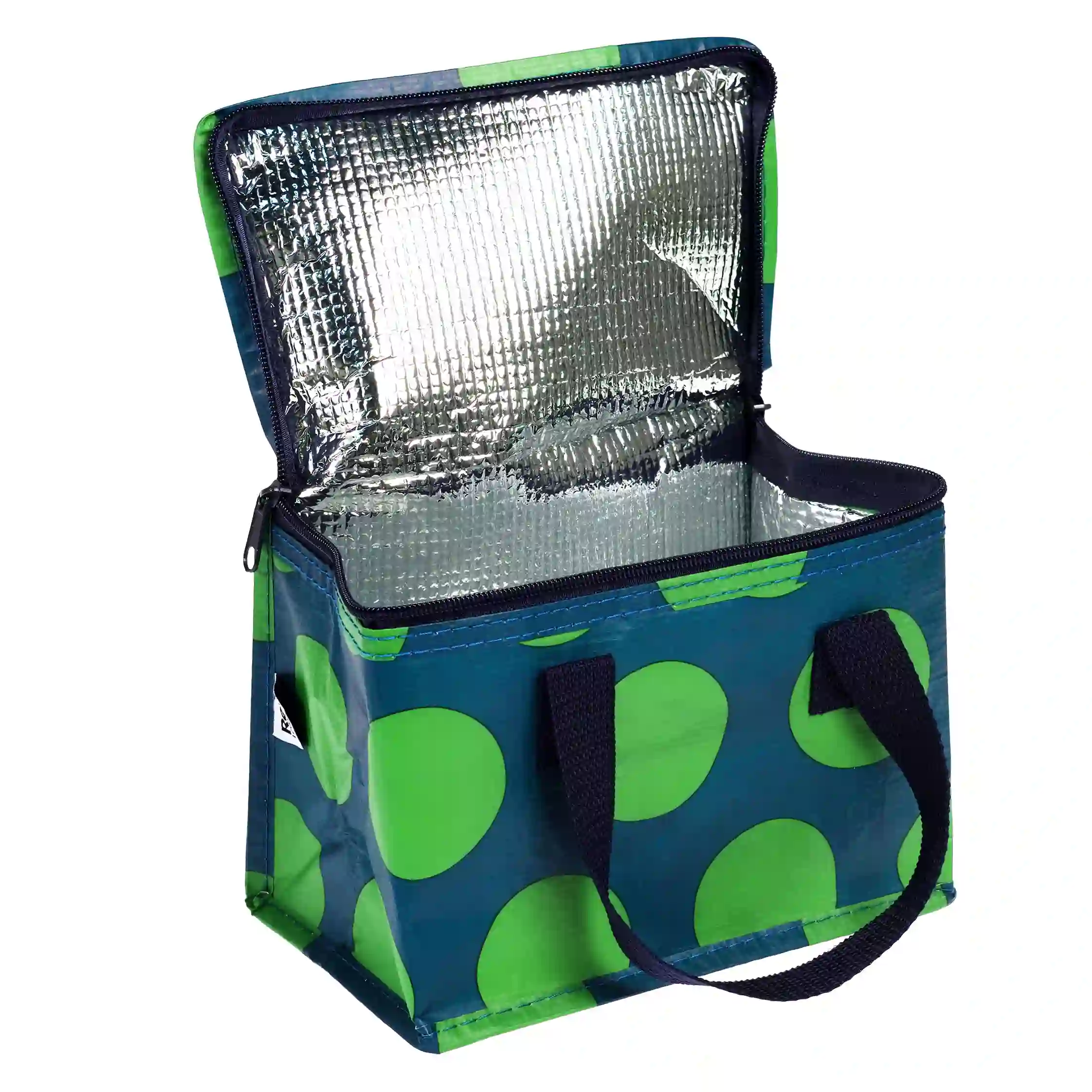 insulated lunch bag - green on blue spotlight