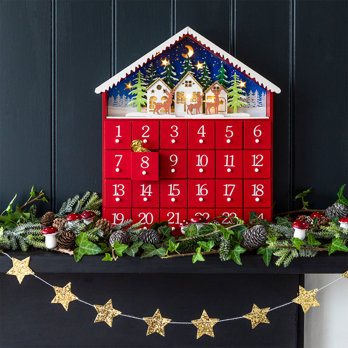 wooden advent calendar with led lights - red house