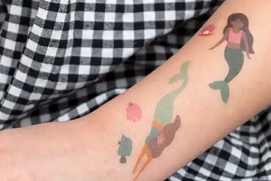 Temporary tattoos, featuring an array of mermaids, sea creatures and other related imagery. 