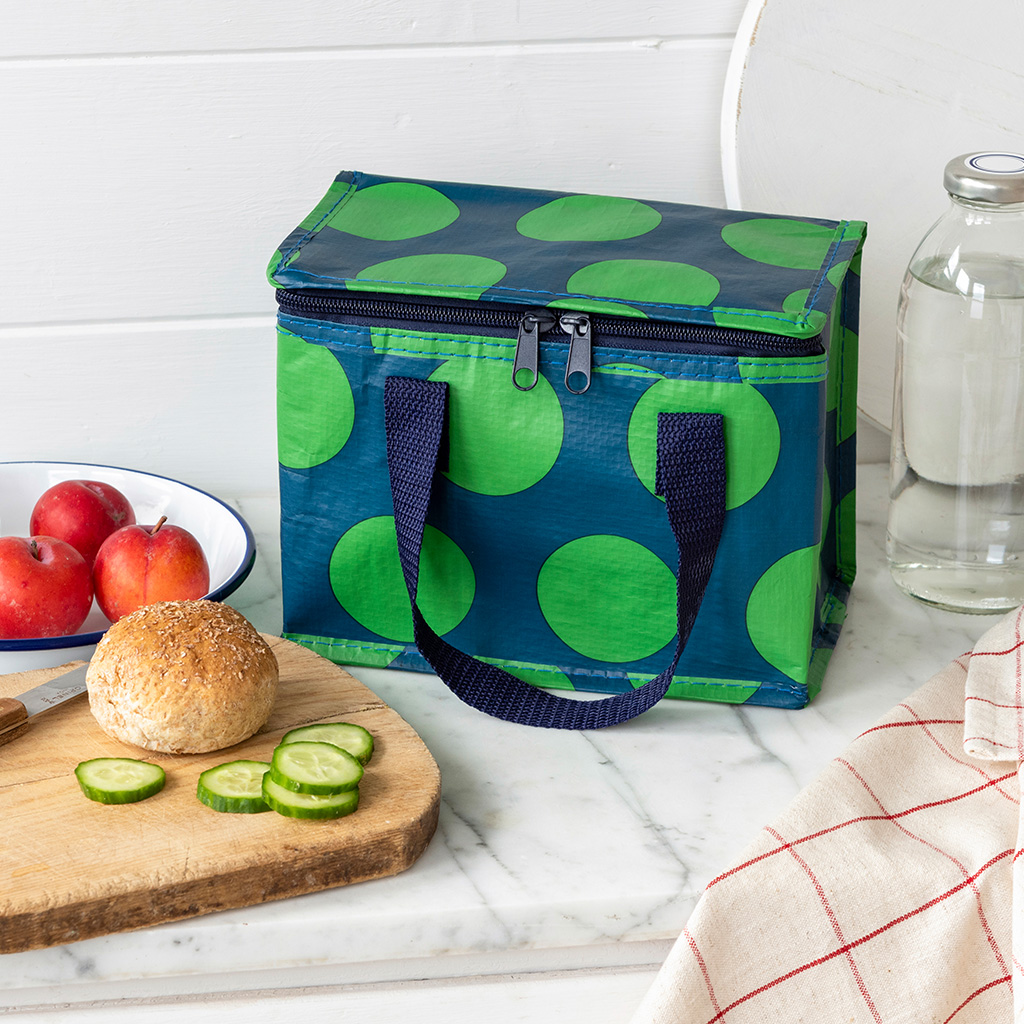 insulated lunch bag - green on blue spotlight