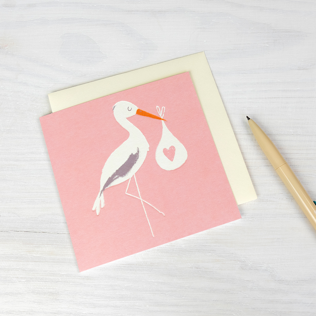 greetings card - pink stork