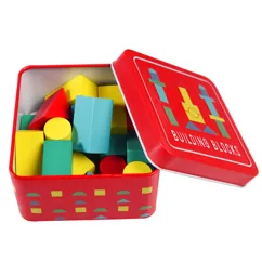 wooden building blocks in a tin