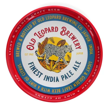 round metal serving tray - old leopard brewery round metal serving tray - old leopard brewery