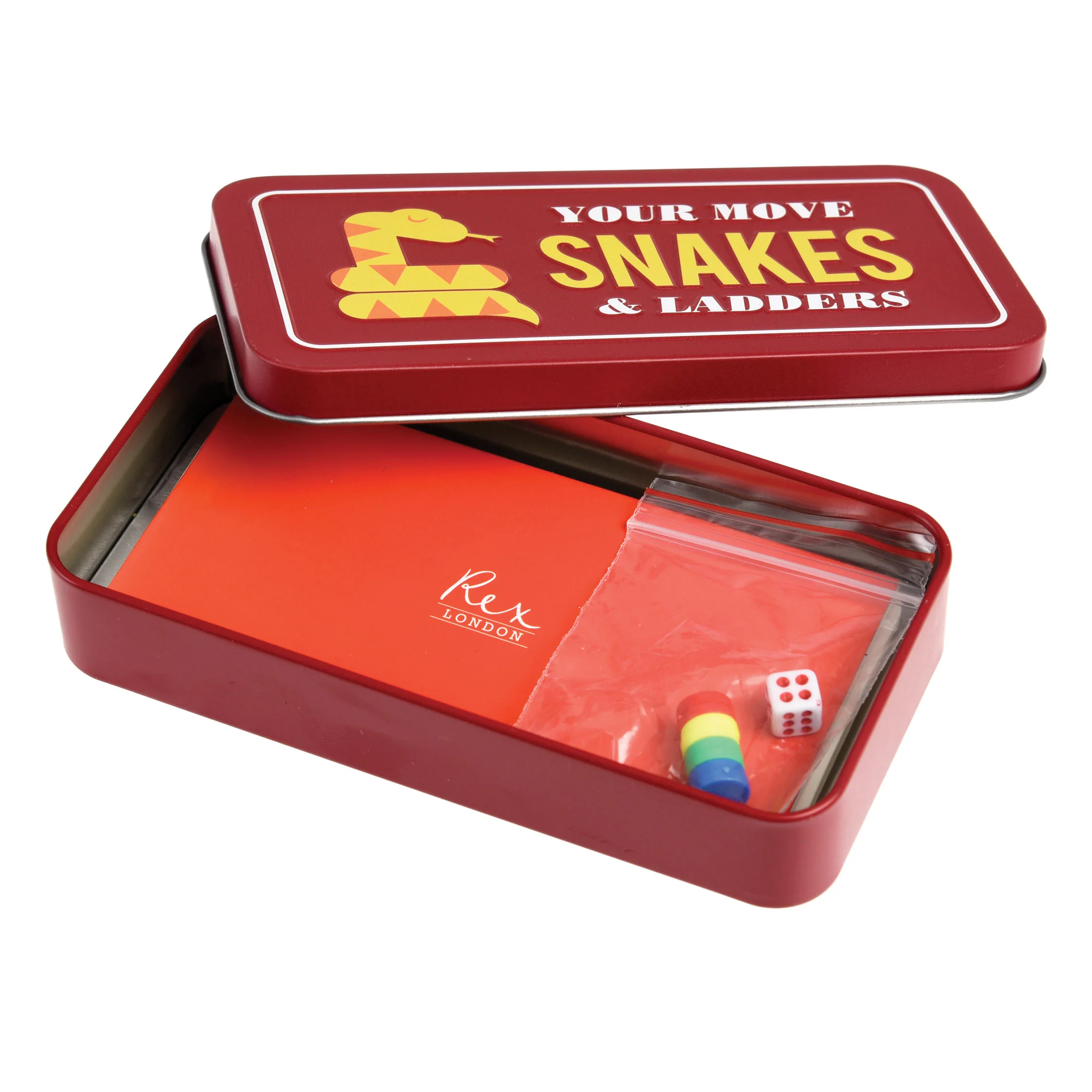 travel snakes and ladders game in a tin