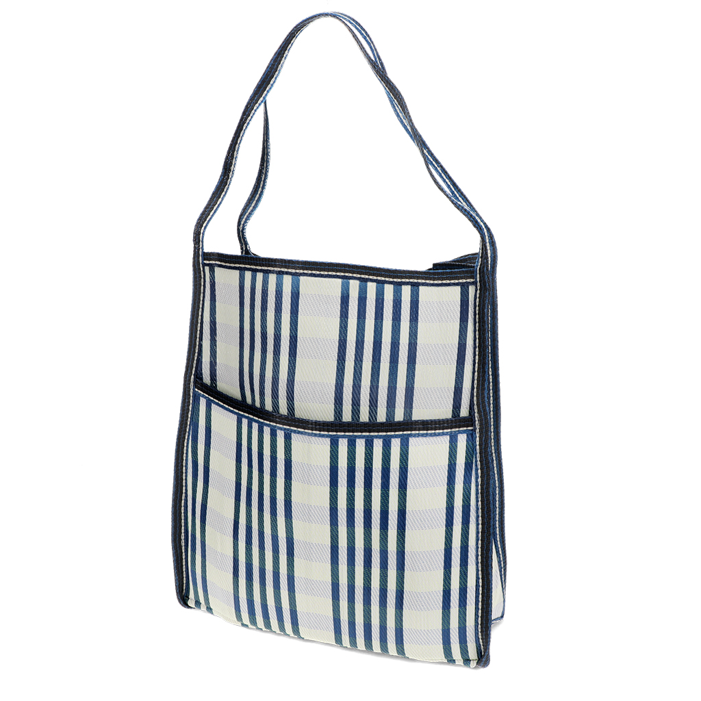 recycled woven bag with side pocket - white and blue