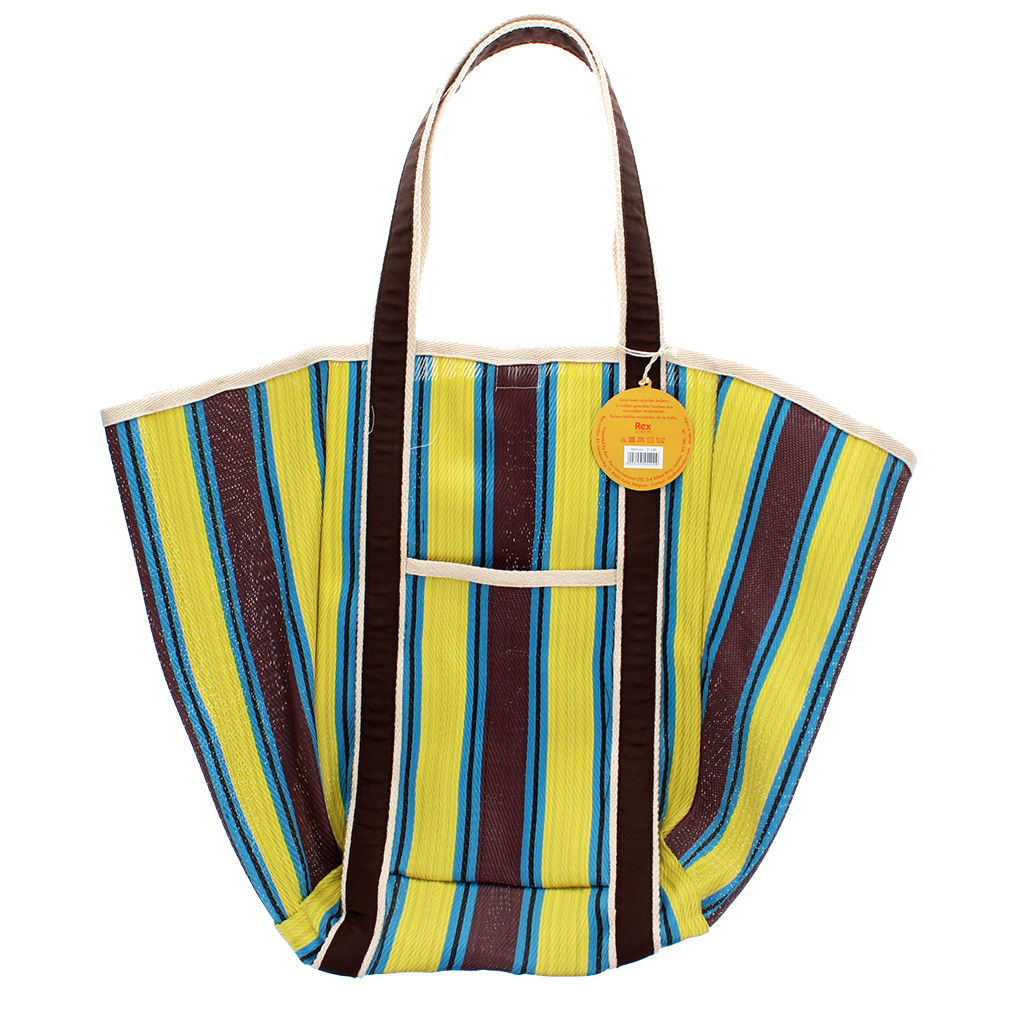 recycled woven tote bag with canvas handles - brown, yellow, teal