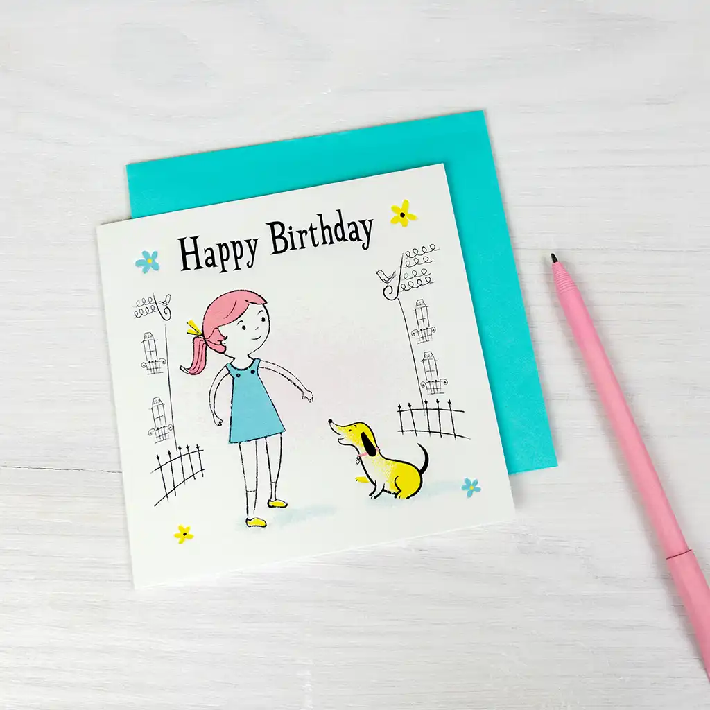 birthday card - girl with dog