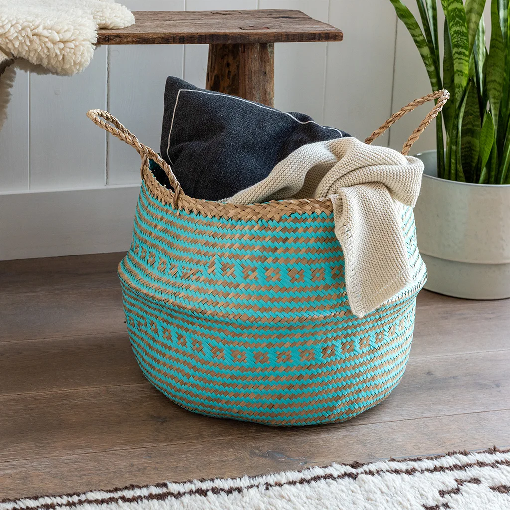large seagrass basket - turquoise