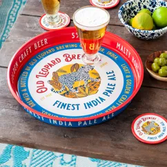 round metal serving tray - old leopard brewery round metal serving tray - old leopard brewery