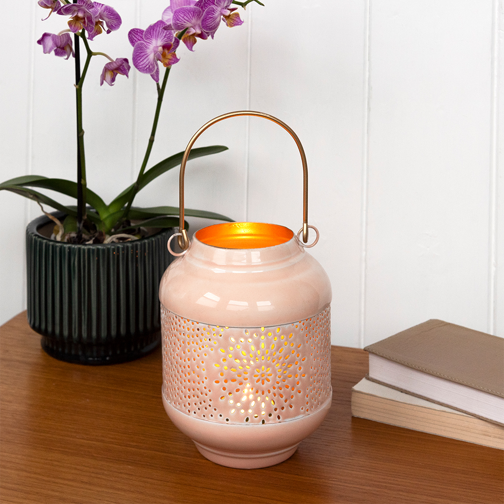 enamel tealight lantern - soft pink