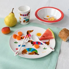 children's melamine dinner set (5 pieces) - sunny sausage dog children's melamine dinner set (5 pieces) - sunny sausage dog