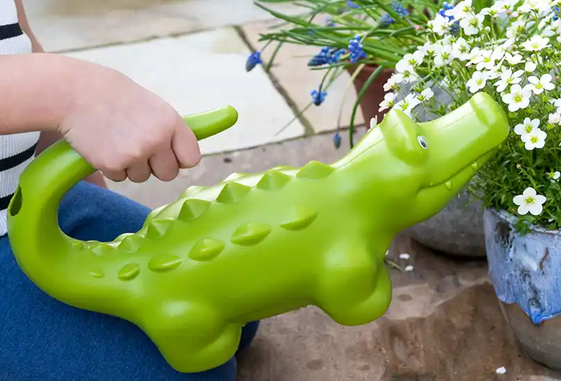 Fun and quirky crocodile-shaped plastic watering can in green. 