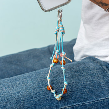 beaded phone strap - blue and tan