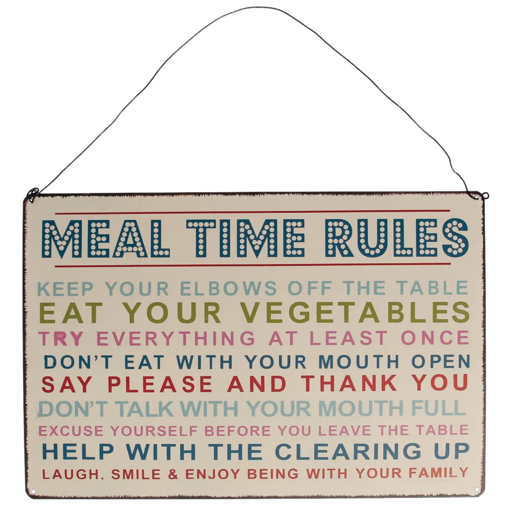 placa vintage de metal 'meal time rules'