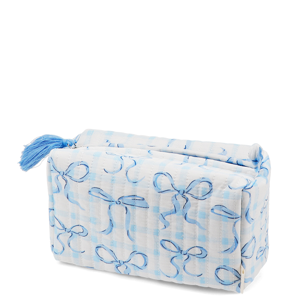 quilted makeup bag - blue bows