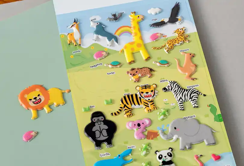 Collection of 3D puffy stickers with a fun safari theme, featuring wild animals such as lion, giraffe, elephant, gorilla and more,