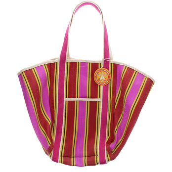 tote bag tissé recyclé avec anses en toile - jaune, rose, rouge