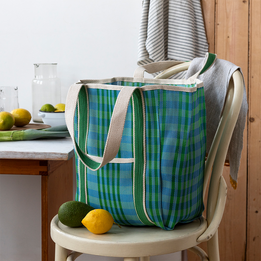 recycled woven tote bag with canvas handles - blue and green