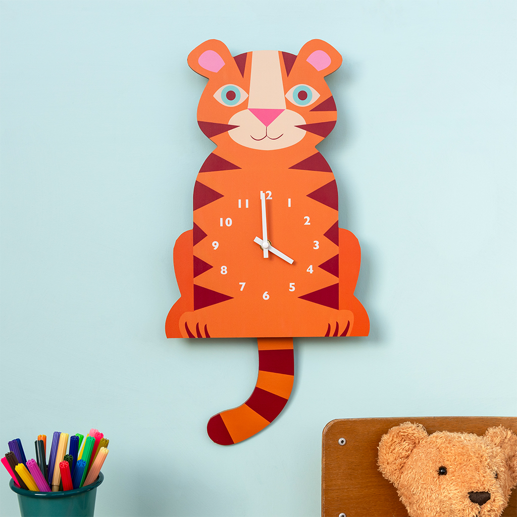 wooden wall clock with pendulum - tiger