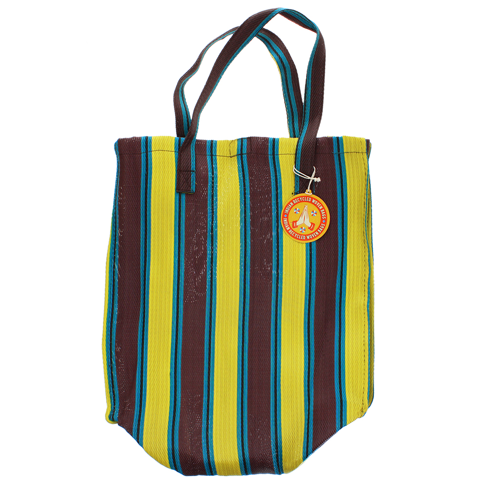 recycled woven shopping bag - brown, yellow, teal