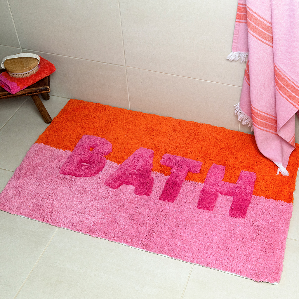 geknüpfte badematten aus baumwolle - „bath” orange & rosa