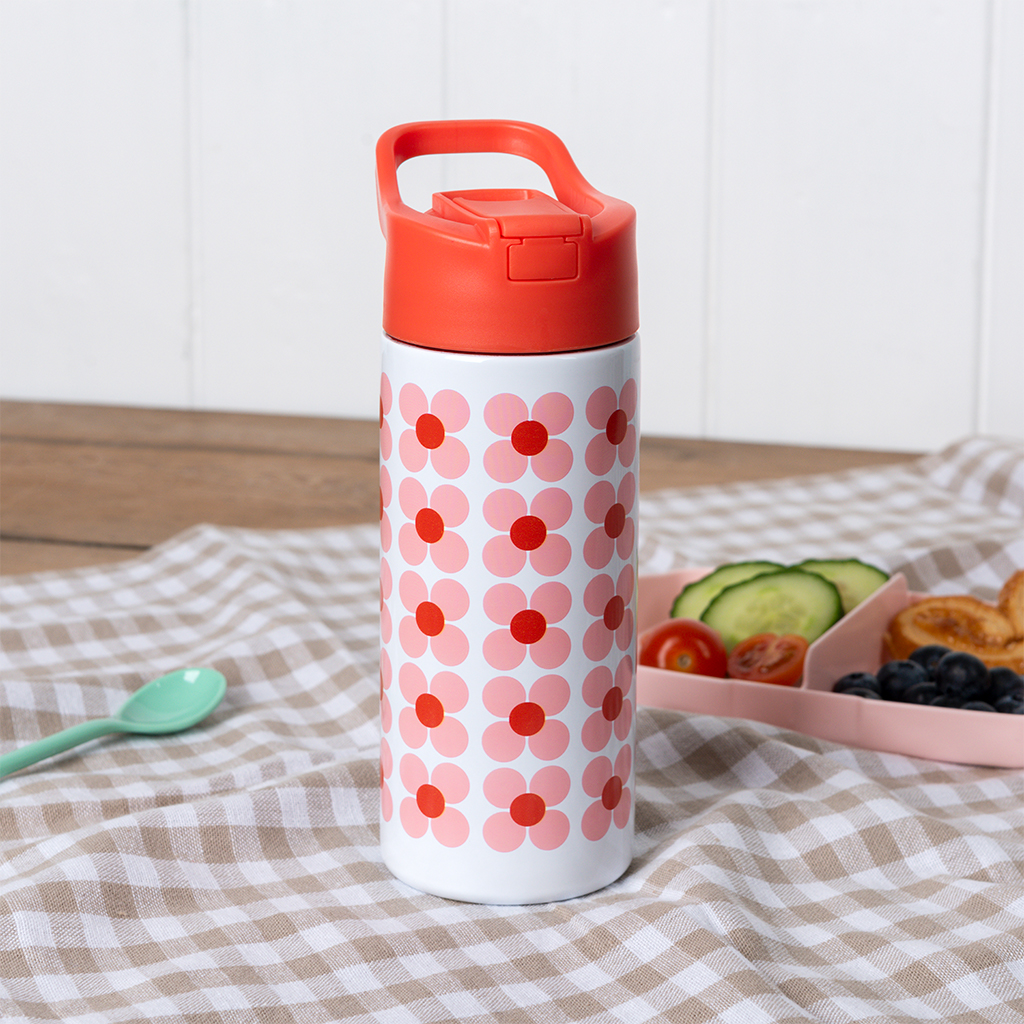 stainless steel bottle with push button lid 500ml - pink daisy