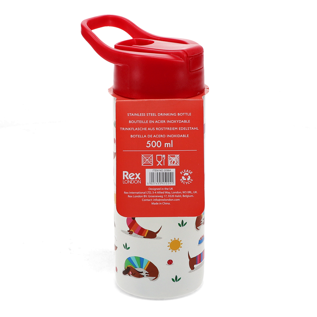 stainless steel bottle with push button lid 500ml - sunny sausage dog