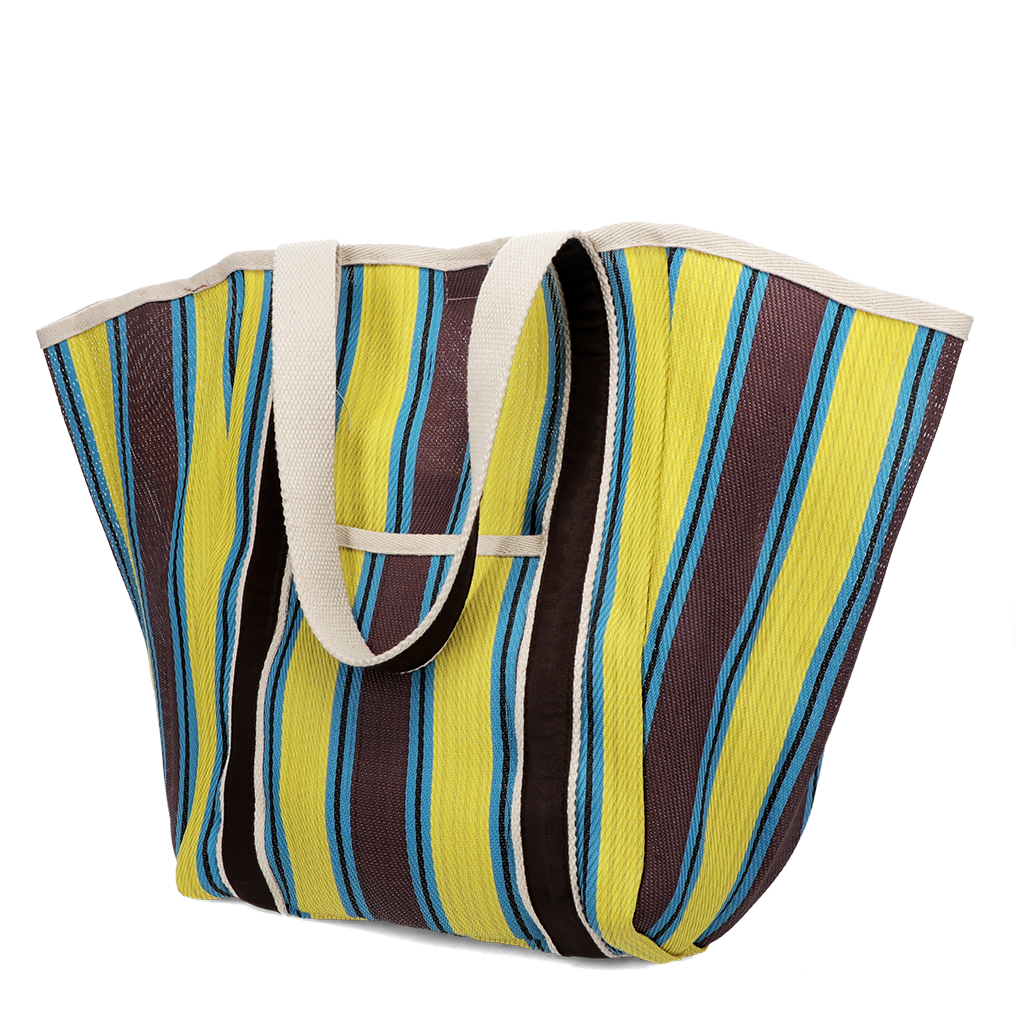 recycled woven tote bag with canvas handles - brown, yellow, teal