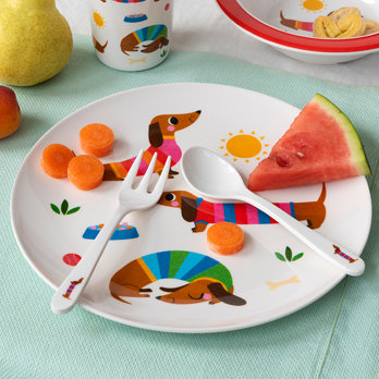 teller aus melamin für kinder - sunny sausage dog
