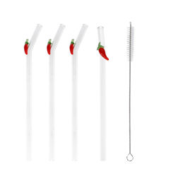 glass straws with cleaning brush (set of 4) - chillies