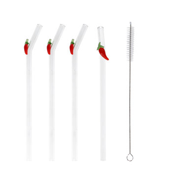 glass straws with cleaning brush (set of 4) - chillies