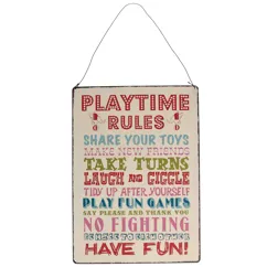 placa vintage de metal 'playtime rules'